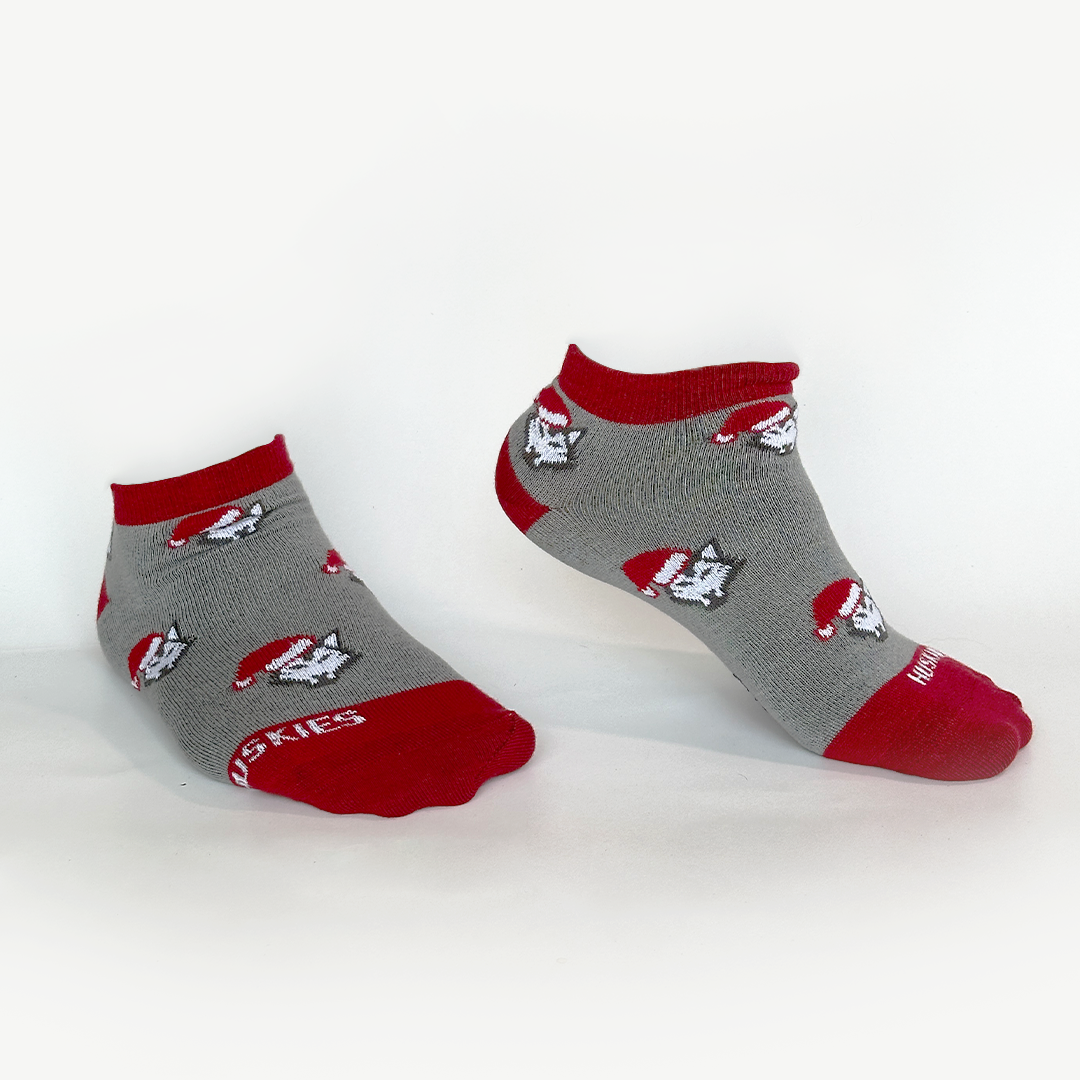 Huskie Santa Hat  Ankle Socks - Grey/ Red