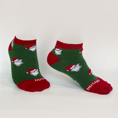 Huskie Santa Hat  Ankle Socks - Green / Red